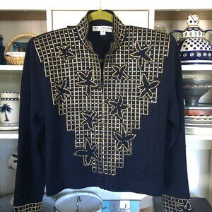 ST. JOHN by Marie Gray Sweater Jacket Sz 8 Embellished Navy Gold Beaded Starfish